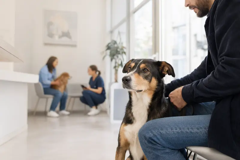Ein Kurzhaarcollie sitzt ruhig neben seinem Besitzer im hellen Wartezimmer einer modernen Tierarztpraxis.